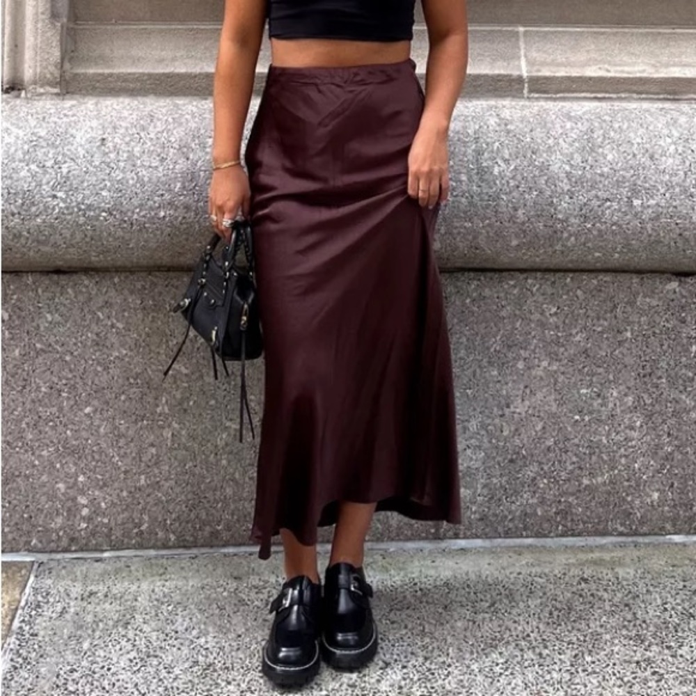 Satin Column Maxi Skirt in Brown